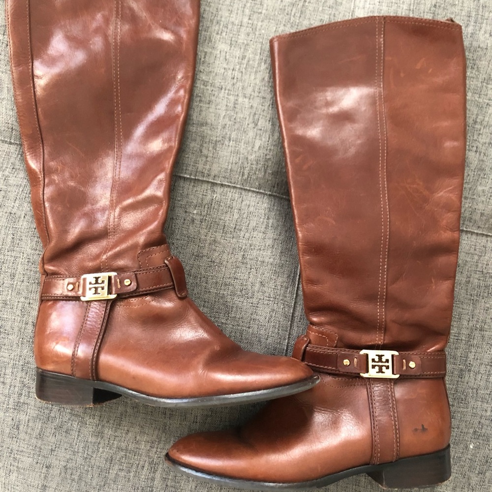 Tory Burch Brown Over the Knee Boots with Gold Hardware
